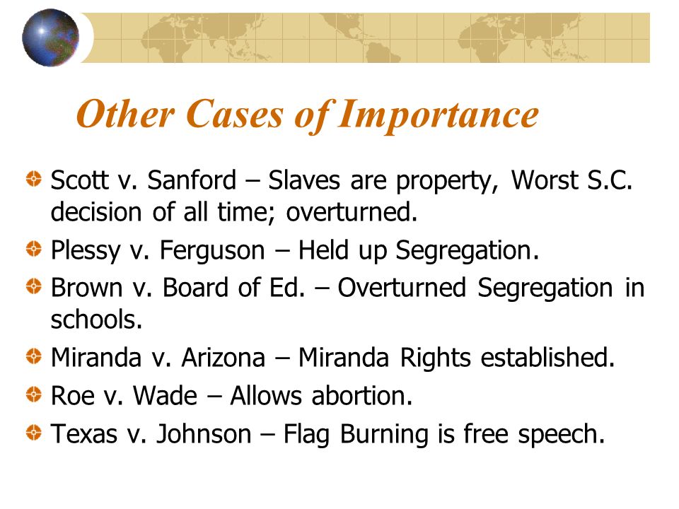 Other Cases of Importance Scott v. Sanford – Slaves are property, Worst S.C.
