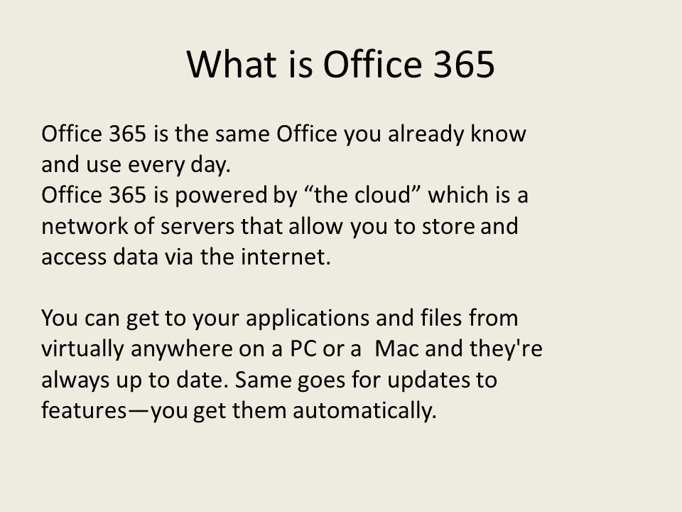 What is Office 365 Office 365 is the same Office you already know and use every day.