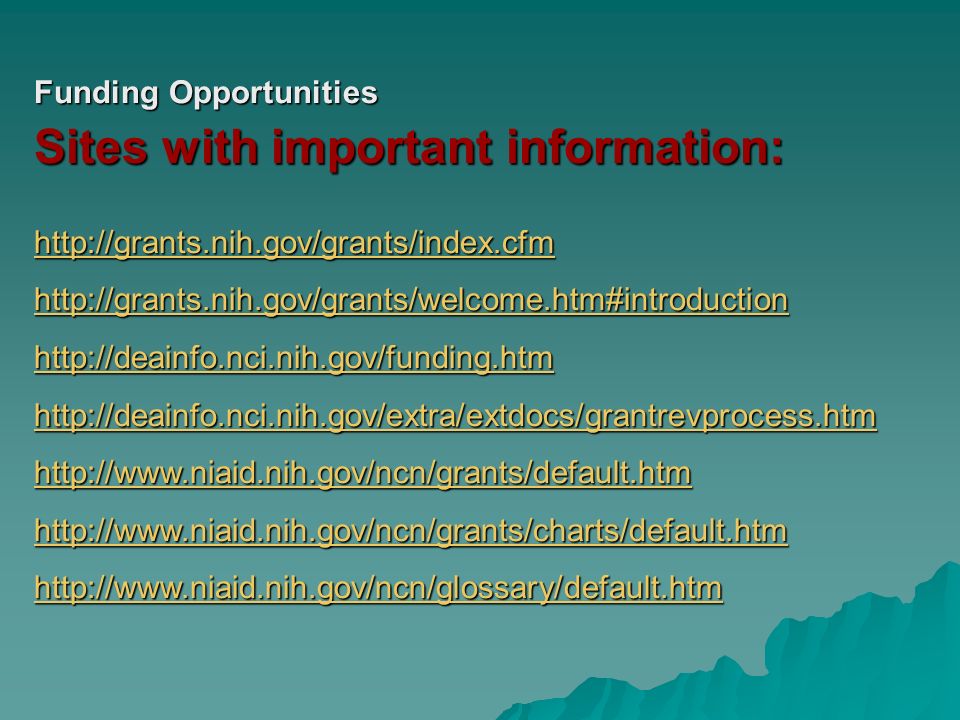 Funding Opportunities Sites with important information: