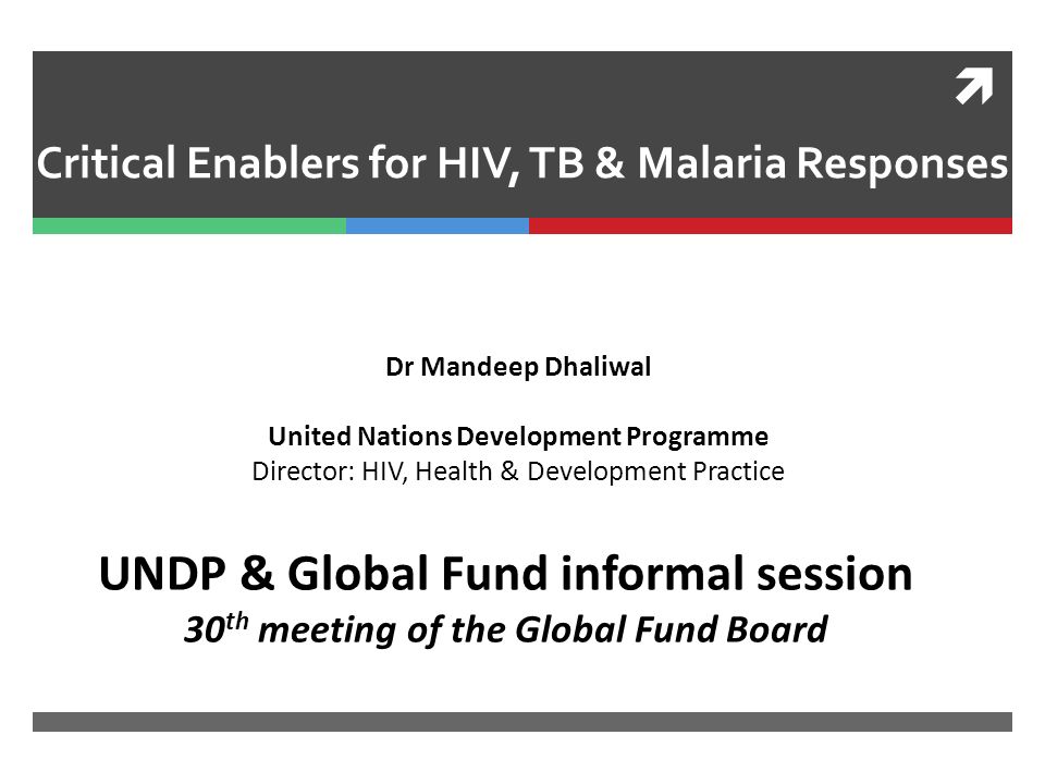  Critical Enablers for HIV, TB & Malaria Responses UNDP & Global Fund informal session 30 th meeting of the Global Fund Board Dr Mandeep Dhaliwal United Nations Development Programme Director: HIV, Health & Development Practice