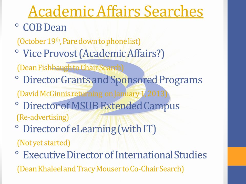 msubillings.edu/futureu Academic Affairs Searches ° COB Dean (October 19 th, Pare down to phone list) ° Vice Provost (Academic Affairs ) (Dean Fishbaugh to Chair Search) ° Director Grants and Sponsored Programs (David McGinnis returning on January 1, 2013) ° Director of MSUB Extended Campus (Re-advertising) ° Director of eLearning (with IT) (Not yet started) ° Executive Director of International Studies (Dean Khaleel and Tracy Mouser to Co-Chair Search)