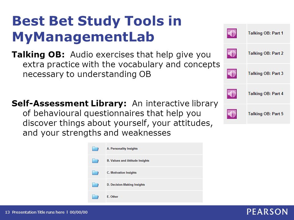 Best Bet Study Tools in MyManagementLab Talking OB: Audio exercises that help give you extra practice with the vocabulary and concepts necessary to understanding OB Self-Assessment Library: An interactive library of behavioural questionnaires that help you discover things about yourself, your attitudes, and your strengths and weaknesses Presentation Title runs here l 00/00/0013