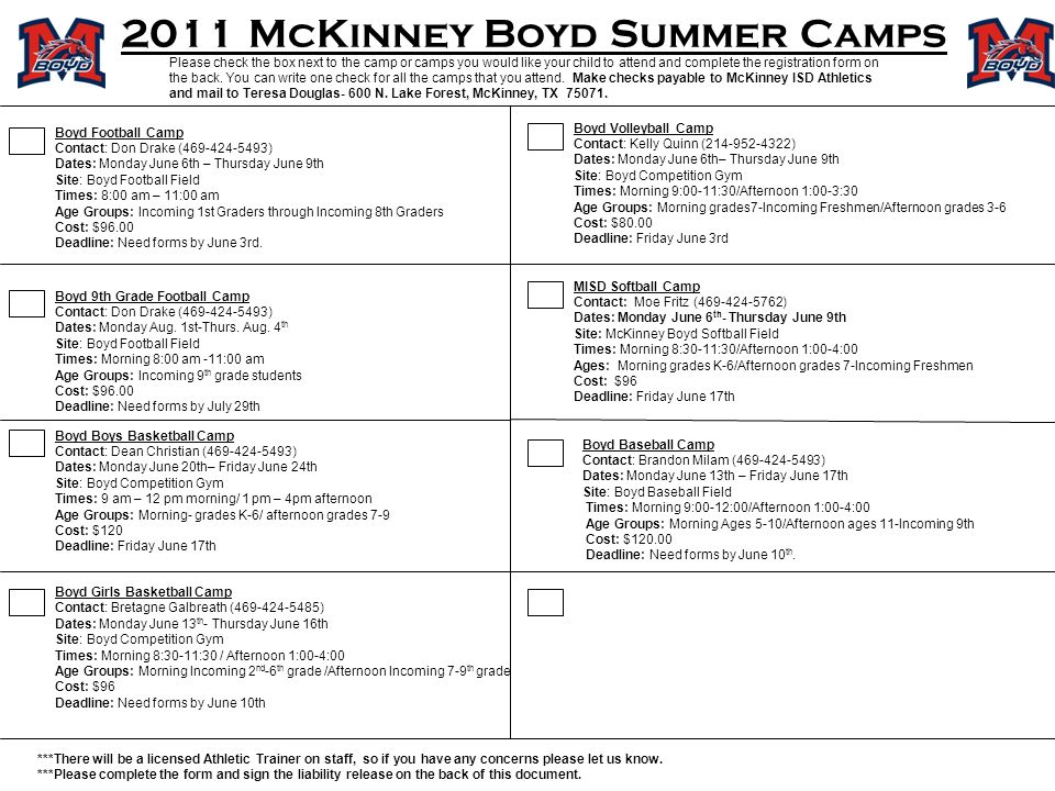 2011 McKinney Boyd Summer Camps Please check the box next to the camp or camps you would like your child to attend and complete the registration form on the back.