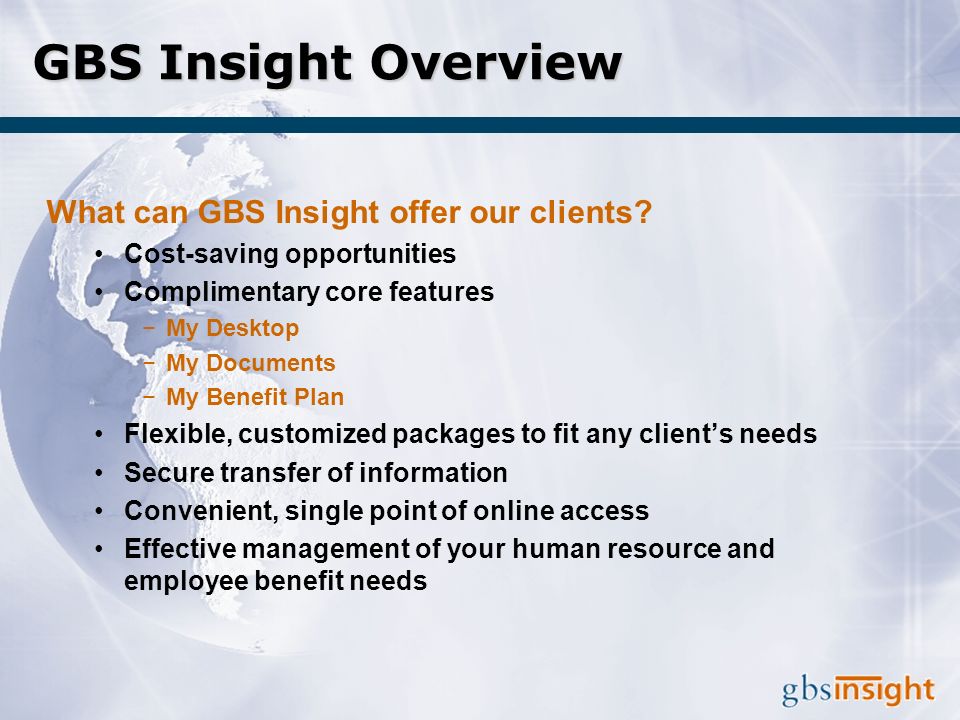 GBS Insight Overview What can GBS Insight offer our clients.