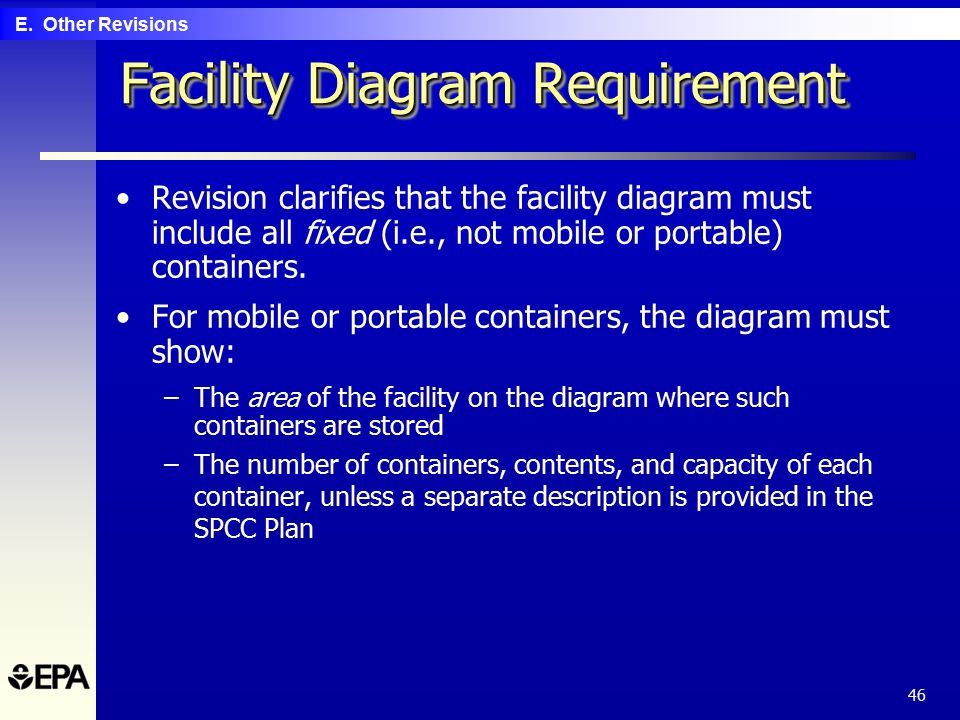 46 Facility Diagram Requirement Revision clarifies that the facility diagram must include all fixed (i.e., not mobile or portable) containers.