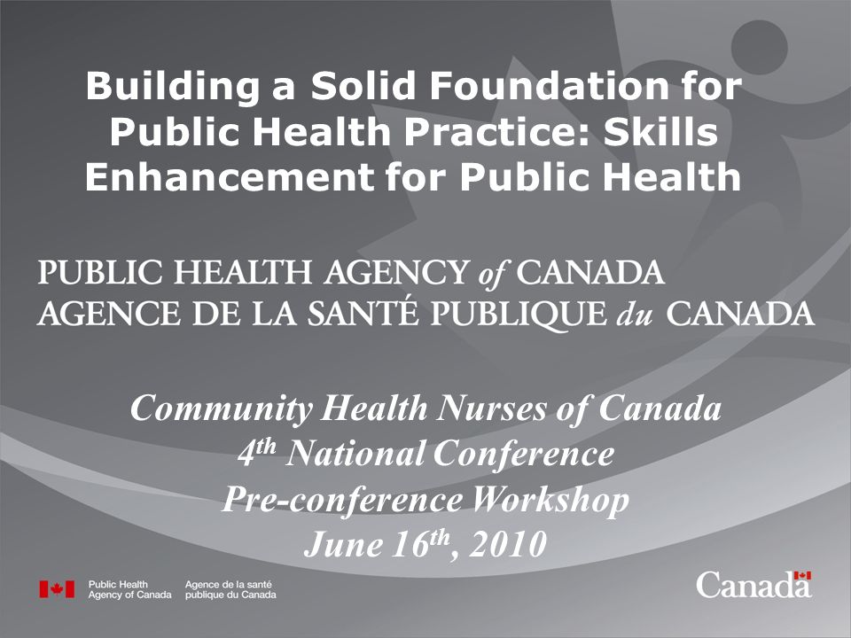 Building a Solid Foundation for Public Health Practice: Skills Enhancement for Public Health Community Health Nurses of Canada 4 th National Conference Pre-conference Workshop June 16 th, 2010