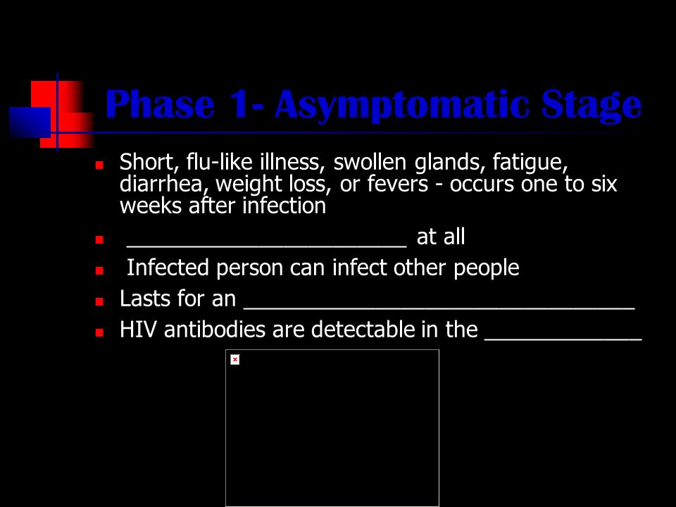 Phase 1- Asymptomatic Stage Short, flu-like illness, swollen glands, fatigue, diarrhea, weight loss, or fevers - occurs one to six weeks after infection _______________________ at all Infected person can infect other people Lasts for an ________________________________ HIV antibodies are detectable in the _____________