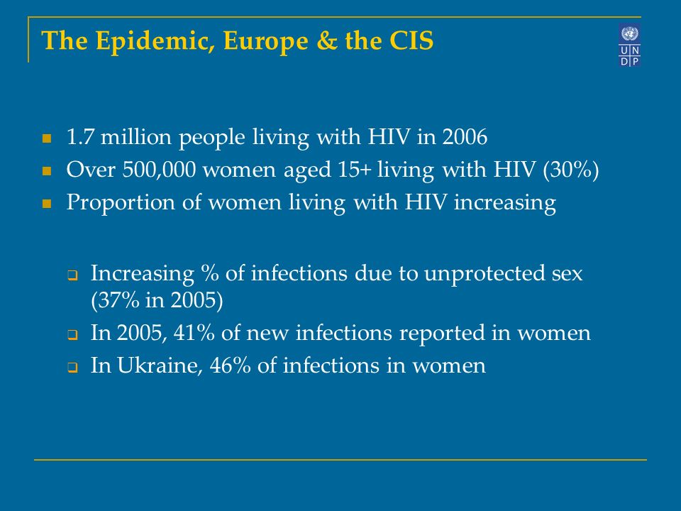 The Epidemic, Europe & the CIS 1.7 million people living with HIV in 2006 Over 500,000 women aged 15+ living with HIV (30%) Proportion of women living with HIV increasing  Increasing % of infections due to unprotected sex (37% in 2005)  In 2005, 41% of new infections reported in women  In Ukraine, 46% of infections in women