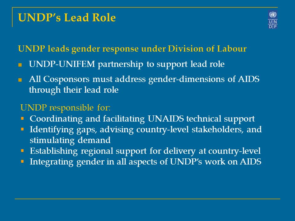 UNDP’s Lead Role UNDP leads gender response under Division of Labour UNDP-UNIFEM partnership to support lead role All Cosponsors must address gender-dimensions of AIDS through their lead role UNDP responsible for:  Coordinating and facilitating UNAIDS technical support  Identifying gaps, advising country-level stakeholders, and stimulating demand  Establishing regional support for delivery at country-level  Integrating gender in all aspects of UNDP’s work on AIDS