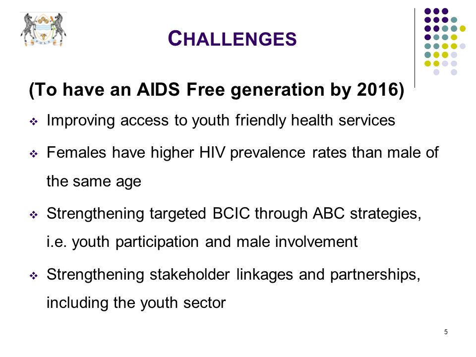 5 C HALLENGES (To have an AIDS Free generation by 2016)  Improving access to youth friendly health services  Females have higher HIV prevalence rates than male of the same age  Strengthening targeted BCIC through ABC strategies, i.e.