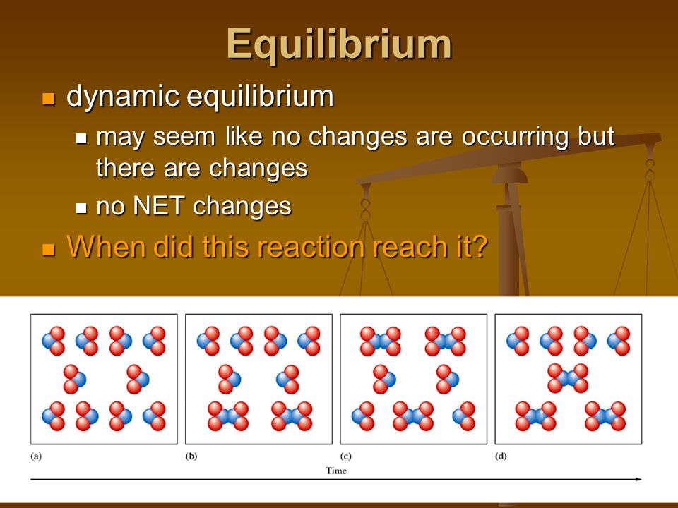 Equilibrium dynamic equilibrium dynamic equilibrium may seem like no changes are occurring but there are changes may seem like no changes are occurring but there are changes no NET changes no NET changes When did this reaction reach it.