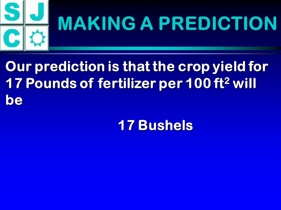 MAKING A PREDICTION Our prediction is that the crop yield for 17 Pounds of fertilizer per 100 ft 2 will be 17 Bushels