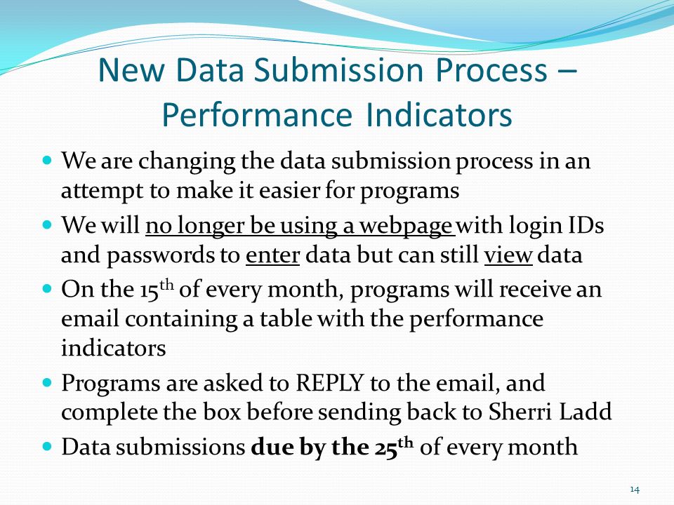 New Data Submission Process – Performance Indicators We are changing the data submission process in an attempt to make it easier for programs We will no longer be using a webpage with login IDs and passwords to enter data but can still view data On the 15 th of every month, programs will receive an  containing a table with the performance indicators Programs are asked to REPLY to the  , and complete the box before sending back to Sherri Ladd Data submissions due by the 25 th of every month 14