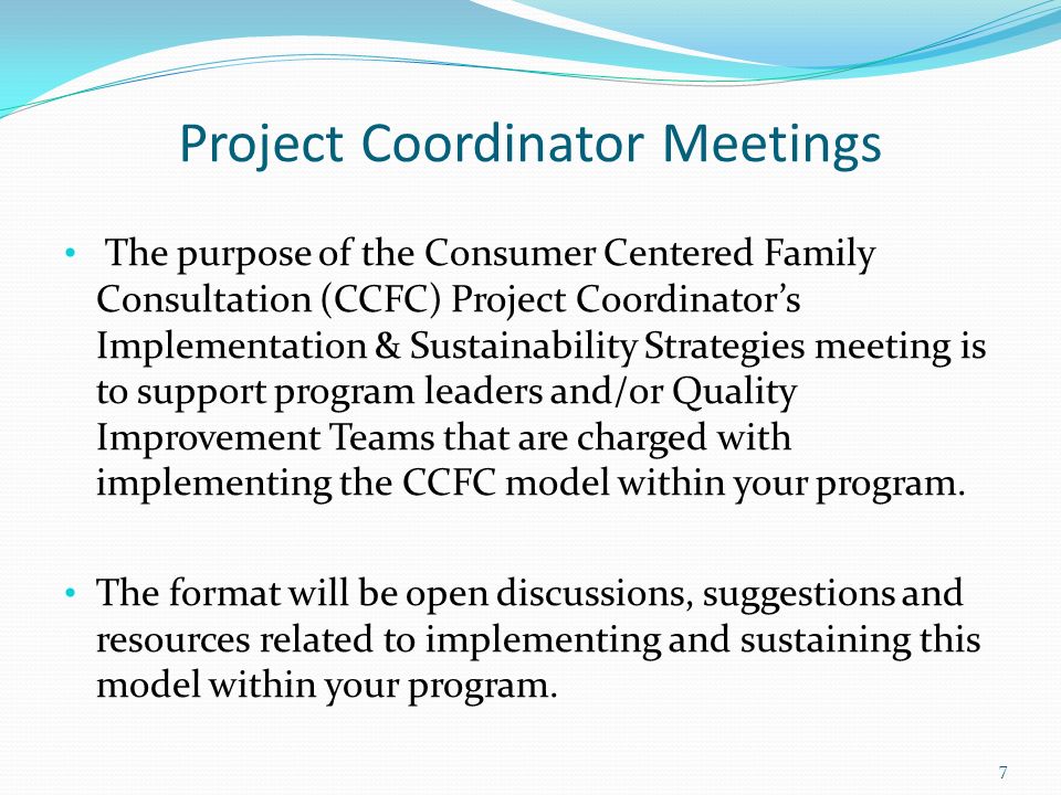 Project Coordinator Meetings The purpose of the Consumer Centered Family Consultation (CCFC) Project Coordinator’s Implementation & Sustainability Strategies meeting is to support program leaders and/or Quality Improvement Teams that are charged with implementing the CCFC model within your program.