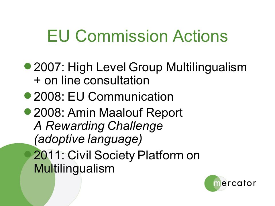 EU Commission Actions  2007: High Level Group Multilingualism + on line consultation  2008: EU Communication  2008: Amin Maalouf Report A Rewarding Challenge (adoptive language)  2011: Civil Society Platform on Multilingualism