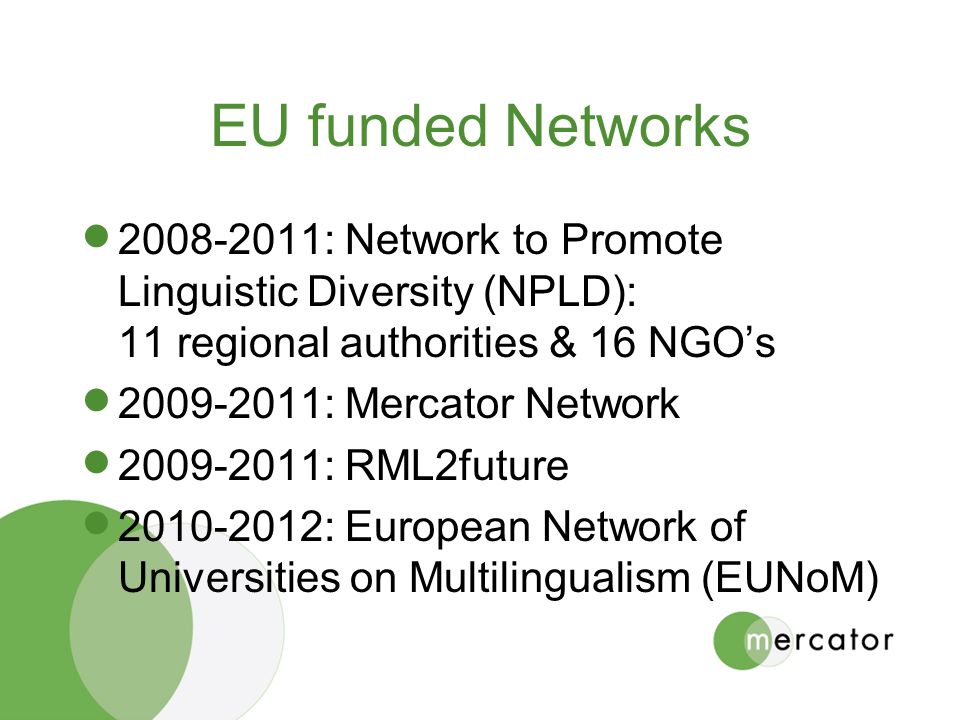 EU funded Networks  : Network to Promote Linguistic Diversity (NPLD): 11 regional authorities & 16 NGO’s  : Mercator Network  : RML2future  : European Network of Universities on Multilingualism (EUNoM)