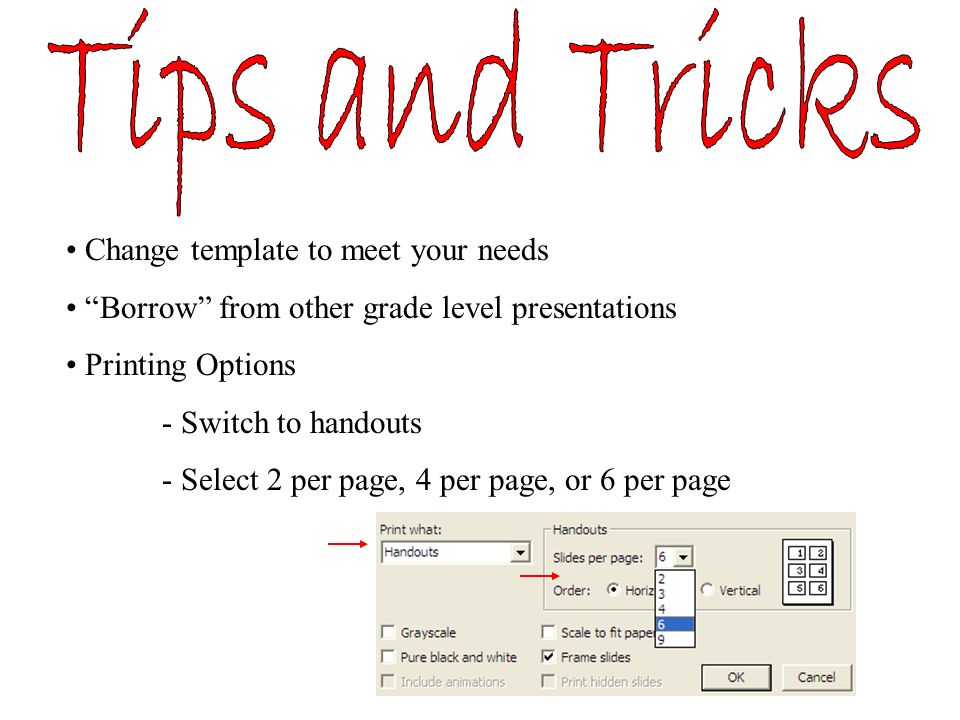 Change template to meet your needs Borrow from other grade level presentations Printing Options - Switch to handouts - Select 2 per page, 4 per page, or 6 per page