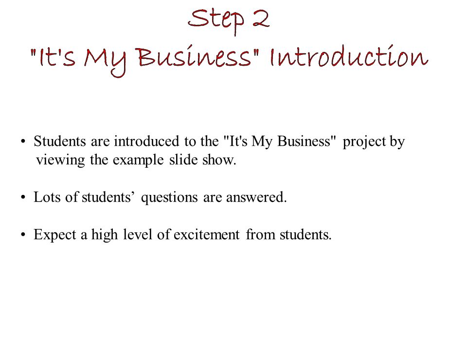 Students are introduced to the It s My Business project by viewing the example slide show.