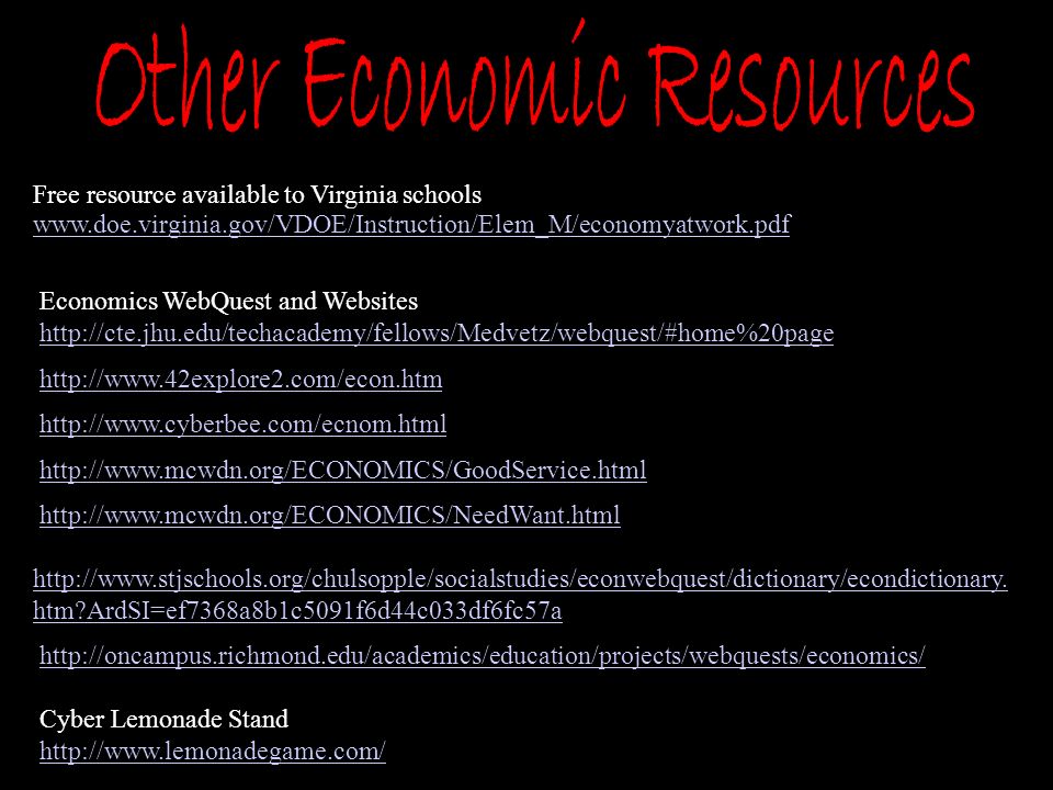 Free resource available to Virginia schools   Economics WebQuest and Websites