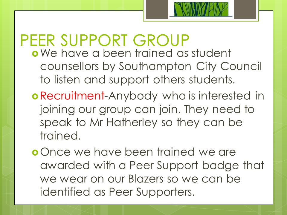 PEER SUPPORT GROUP  We have a been trained as student counsellors by Southampton City Council to listen and support others students.