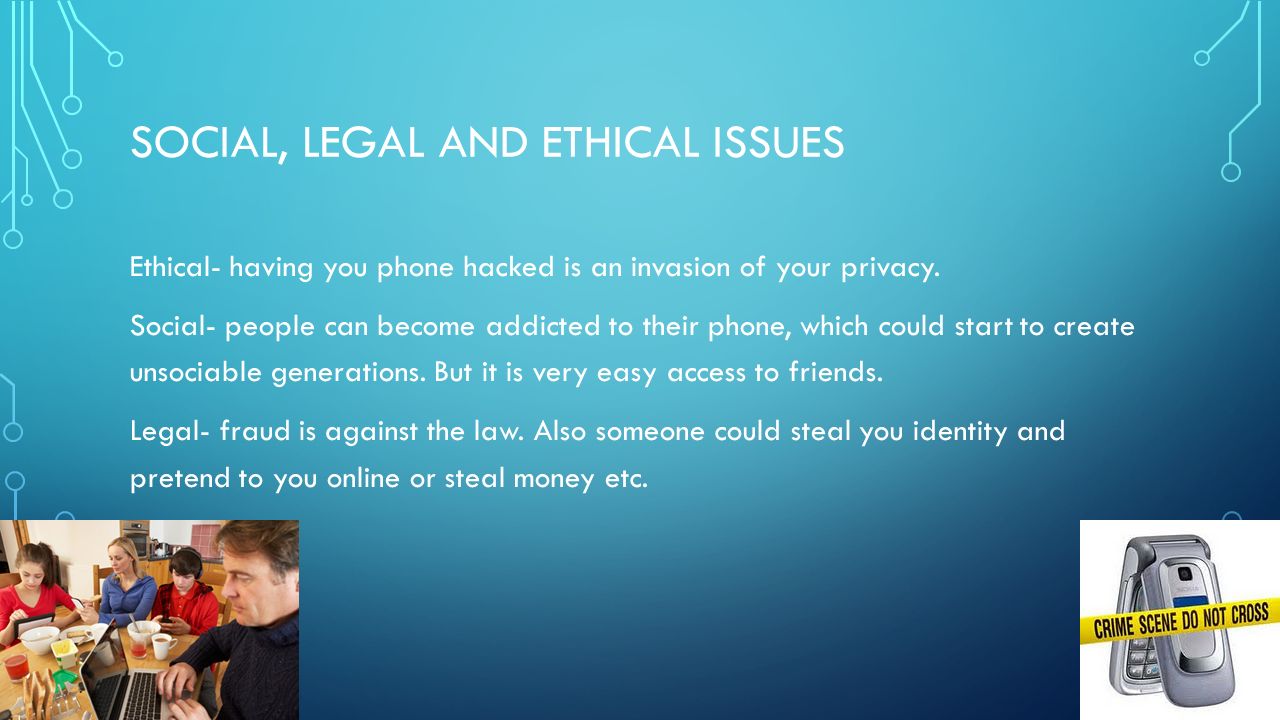 SOCIAL, LEGAL AND ETHICAL ISSUES Ethical- having you phone hacked is an invasion of your privacy.