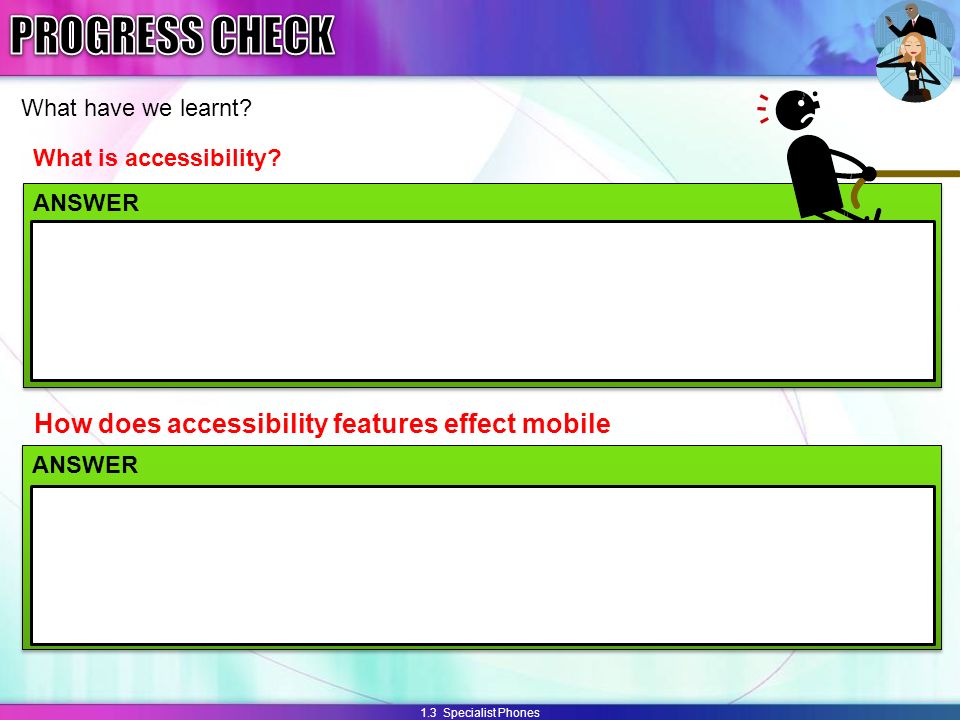 1.3 Specialist Phones What have we learnt. How does accessibility features effect mobile phones.