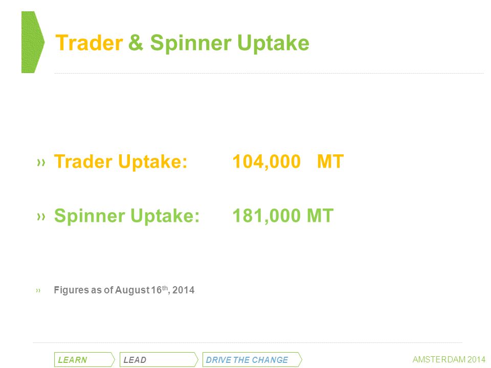 LEARN LEAD DRIVE THE CHANGE AMSTERDAM 2014 Trader & Spinner Uptake »Trader Uptake:104,000 MT »Spinner Uptake:181,000 MT »Figures as of August 16 th, 2014