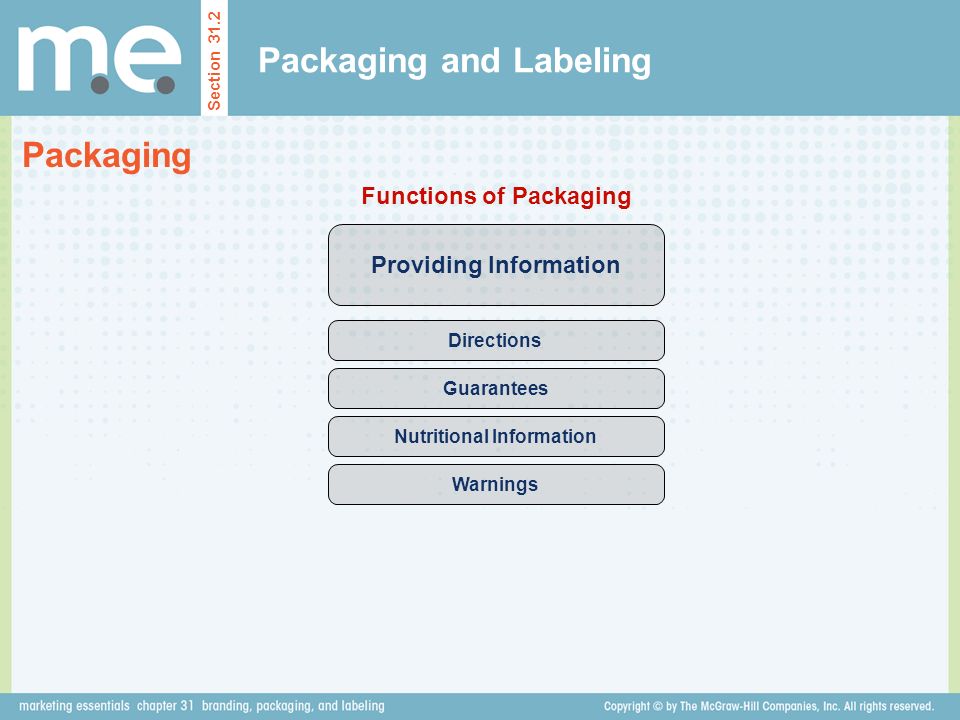 Packaging and Labeling Section 31.2 Packaging Providing Information Functions of Packaging Directions Guarantees Nutritional Information Warnings