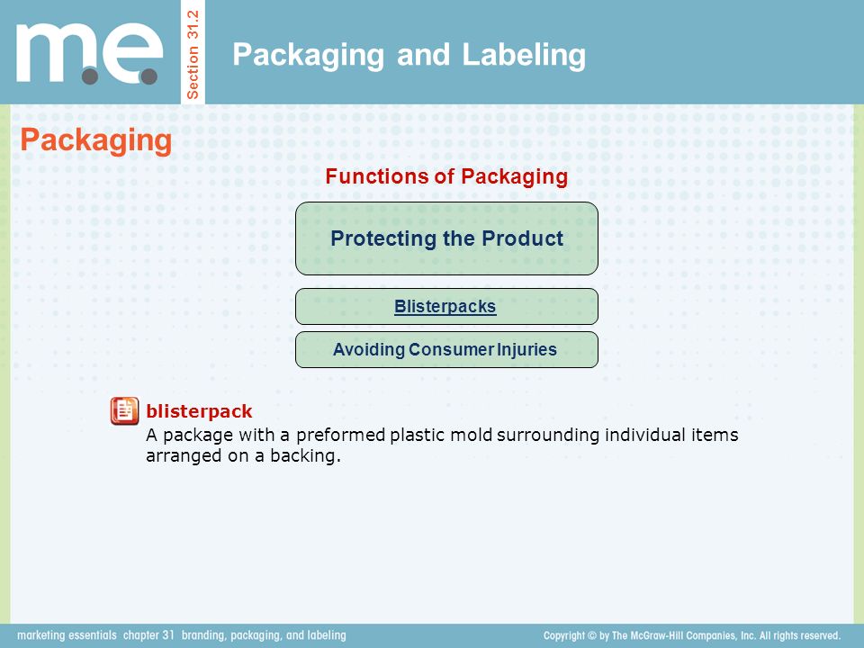 Packaging and Labeling Section 31.2 Packaging Protecting the Product Functions of Packaging Blisterpacks Avoiding Consumer Injuries blisterpack A package with a preformed plastic mold surrounding individual items arranged on a backing.