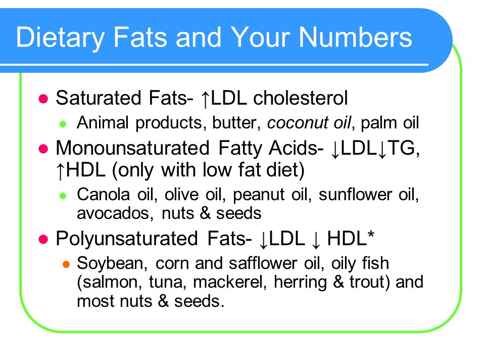 Dietary Fats and Your Numbers Saturated Fats- ↑LDL cholesterol Animal products, butter, coconut oil, palm oil Monounsaturated Fatty Acids- ↓LDL↓TG, ↑HDL (only with low fat diet) Canola oil, olive oil, peanut oil, sunflower oil, avocados, nuts & seeds Polyunsaturated Fats- ↓LDL ↓ HDL* Soybean, corn and safflower oil, oily fish (salmon, tuna, mackerel, herring & trout) and most nuts & seeds.