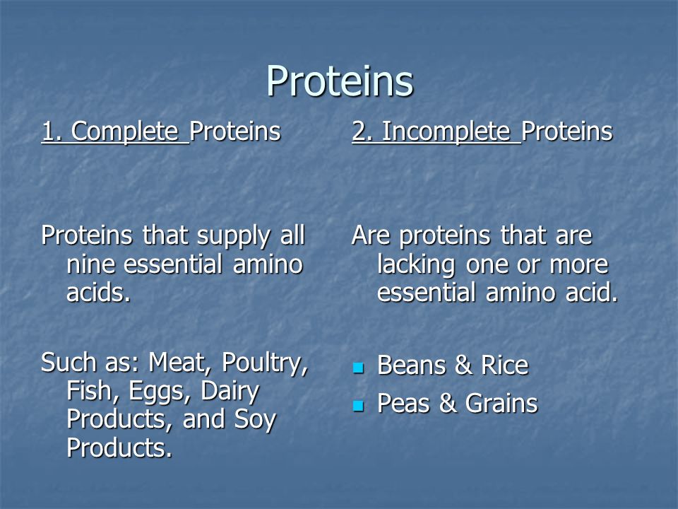 Proteins 1. Complete Proteins Proteins that supply all nine essential amino acids.