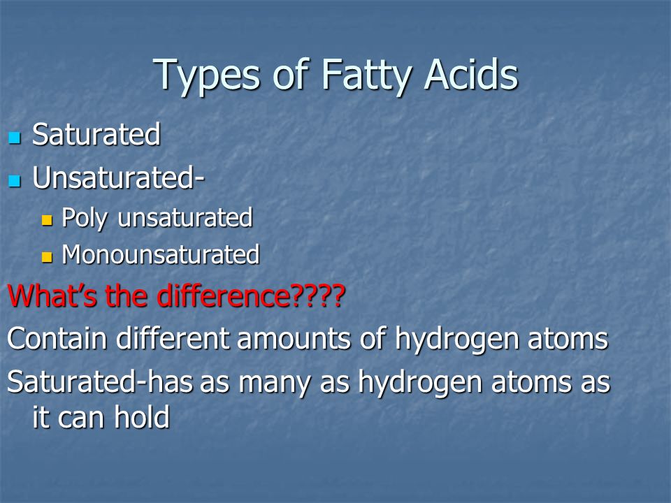 Types of Fatty Acids Saturated Saturated Unsaturated- Unsaturated- Poly unsaturated Poly unsaturated Monounsaturated Monounsaturated What’s the difference .