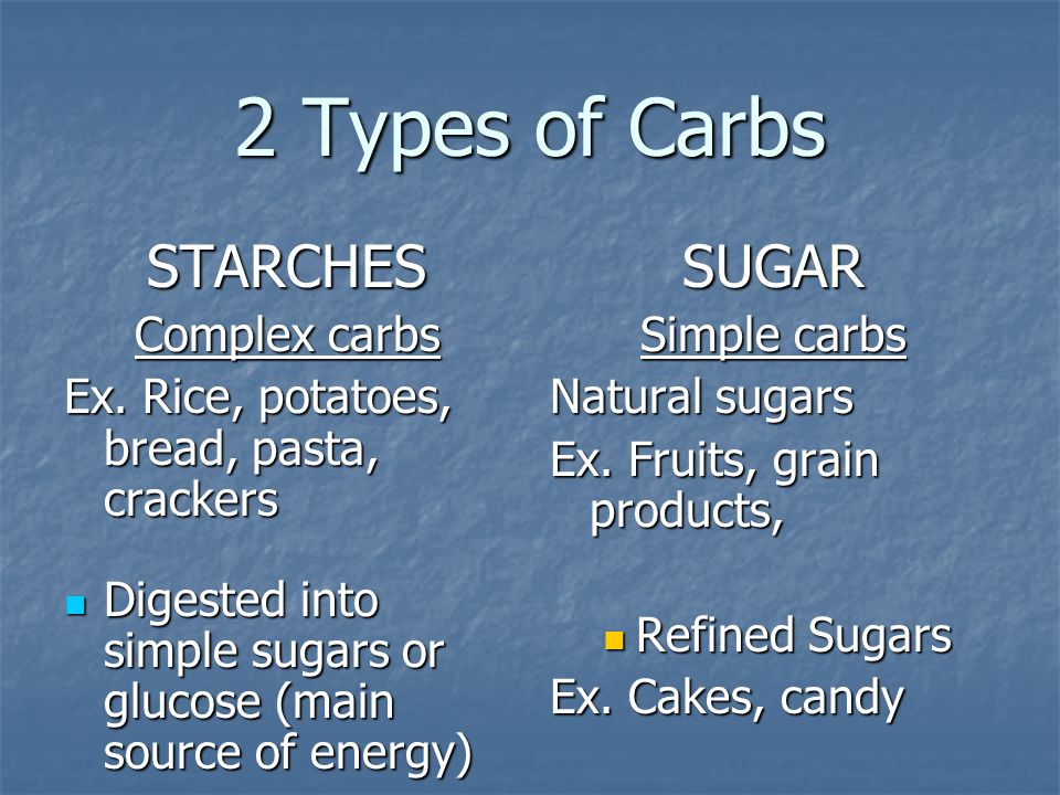 2 Types of Carbs STARCHES Complex carbs Ex.