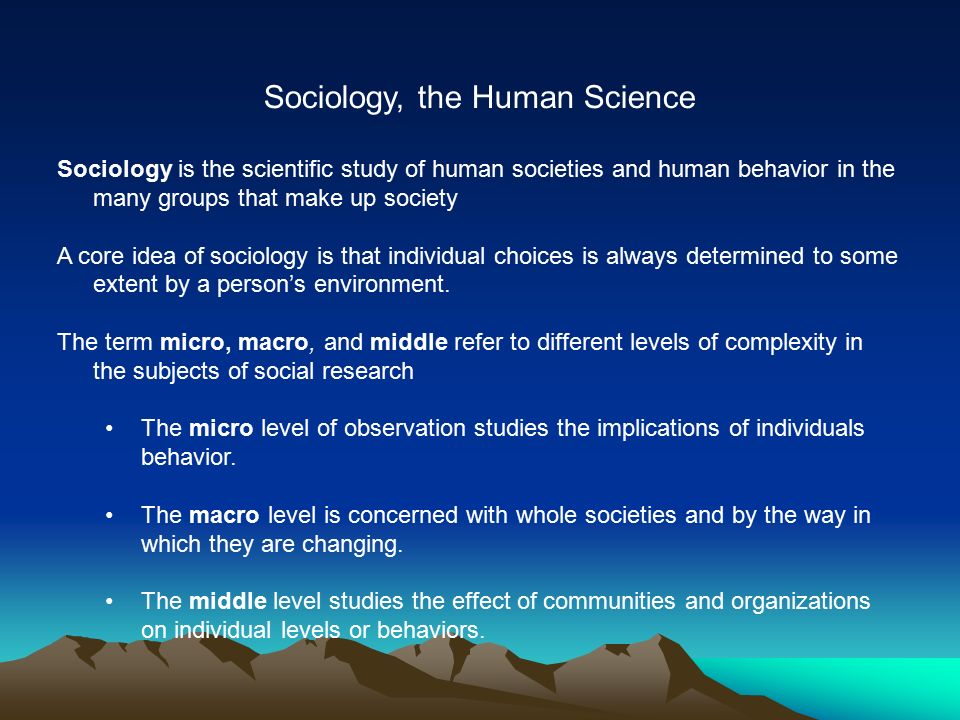 Sociology, the Human Science Sociology is the scientific study of human societies and human behavior in the many groups that make up society A core idea of sociology is that individual choices is always determined to some extent by a person’s environment.