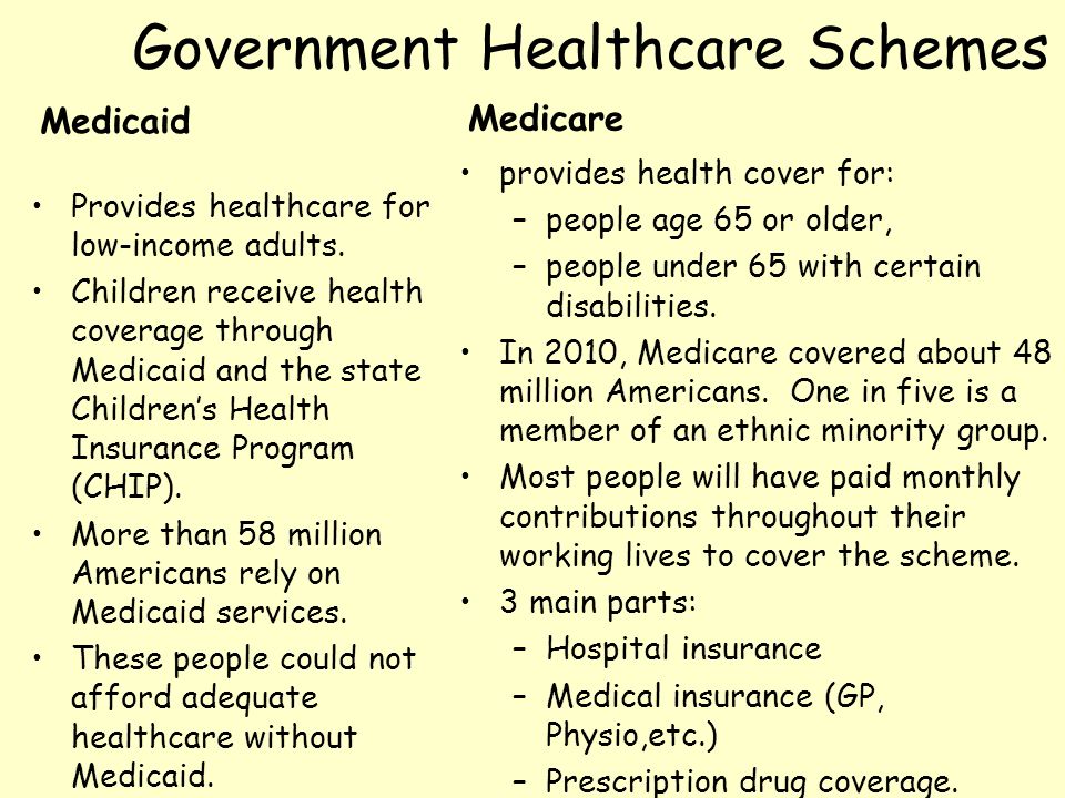 Government Healthcare Schemes Medicaid Provides healthcare for low-income adults.