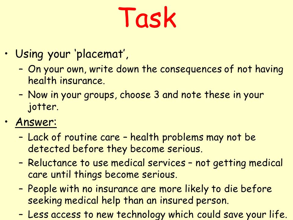 Task Using your ‘placemat’, –On your own, write down the consequences of not having health insurance.