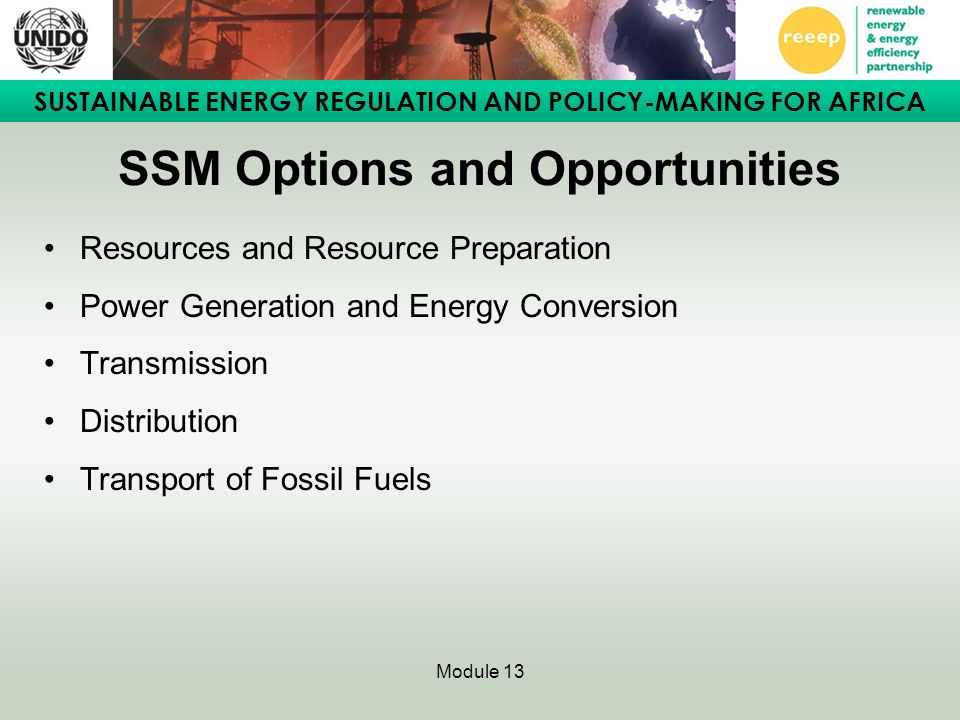 SUSTAINABLE ENERGY REGULATION AND POLICY-MAKING FOR AFRICA Module 13 SSM Options and Opportunities Resources and Resource Preparation Power Generation and Energy Conversion Transmission Distribution Transport of Fossil Fuels