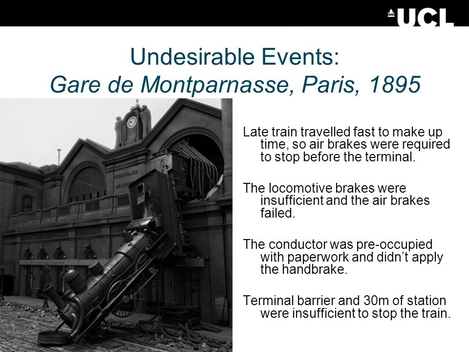 Undesirable Events: Gare de Montparnasse, Paris, 1895 Late train travelled fast to make up time, so air brakes were required to stop before the terminal.