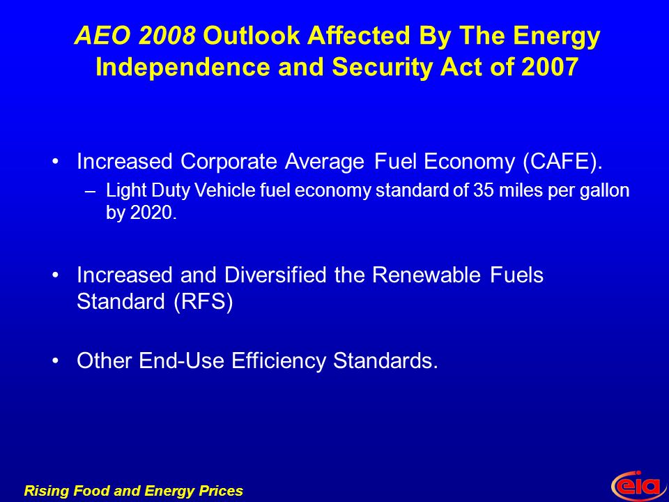 Rising Food and Energy Prices AEO 2008 Outlook Affected By The Energy Independence and Security Act of 2007 Increased Corporate Average Fuel Economy (CAFE).