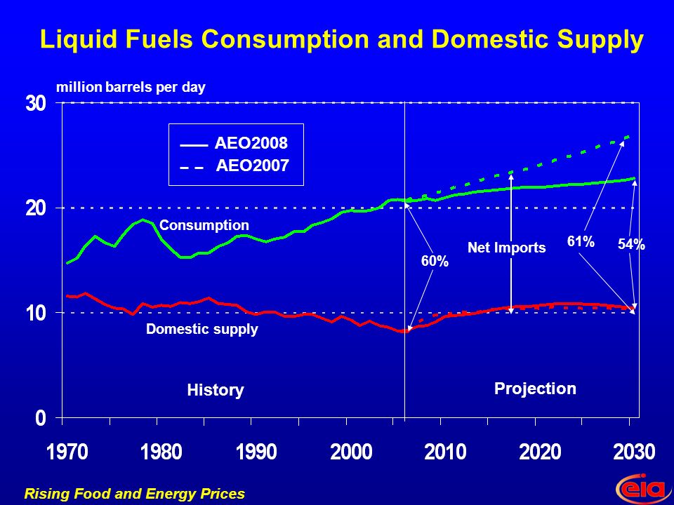 Rising Food and Energy Prices Liquid Fuels Consumption and Domestic Supply Consumption Domestic supply History Projection million barrels per day Net Imports 60% 54% 61% AEO2008 AEO2007