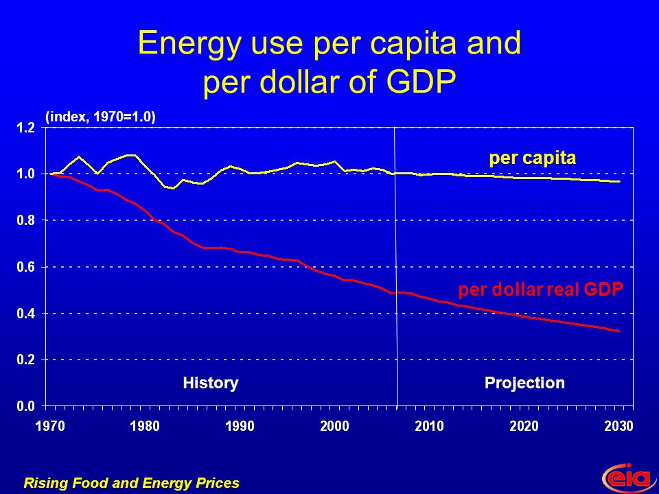 Rising Food and Energy Prices HistoryProjection Energy use per capita and per dollar of GDP (index, 1970=1.0) per capita per dollar real GDP