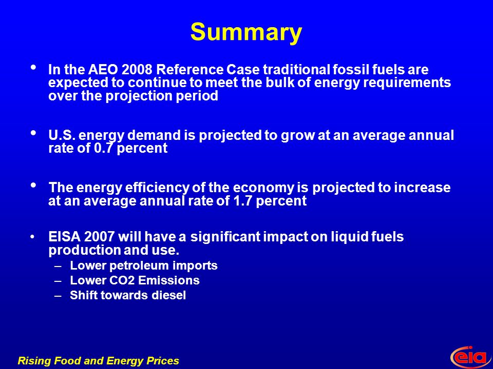 Rising Food and Energy Prices Summary In the AEO 2008 Reference Case traditional fossil fuels are expected to continue to meet the bulk of energy requirements over the projection period U.S.