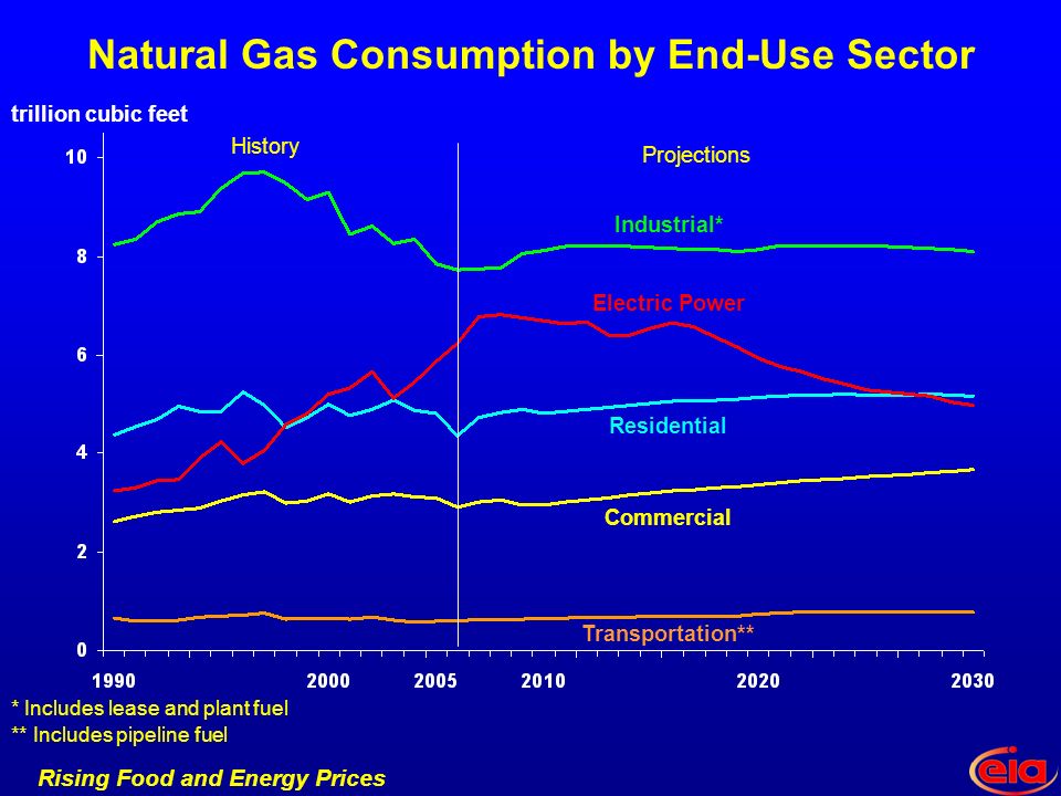 Rising Food and Energy Prices Natural Gas Consumption by End-Use Sector Transportation** Industrial* Residential Commercial Electric Power Projections History * Includes lease and plant fuel ** Includes pipeline fuel trillion cubic feet