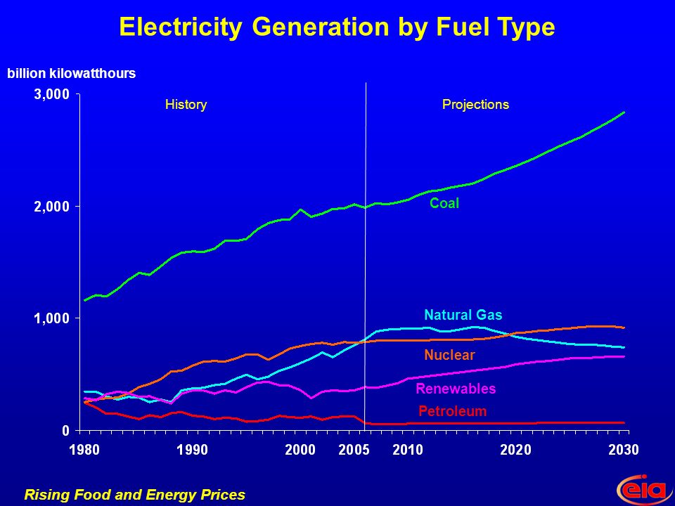 Rising Food and Energy Prices Electricity Generation by Fuel Type Petroleum Renewables Coal Natural Gas Nuclear HistoryProjections billion kilowatthours
