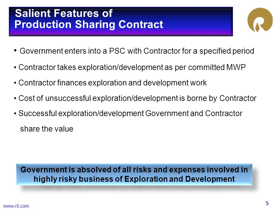 5   Salient Features of Production Sharing Contract Government enters into a PSC with Contractor for a specified period Contractor takes exploration/development as per committed MWP Contractor finances exploration and development work Cost of unsuccessful exploration/development is borne by Contractor Successful exploration/development Government and Contractor share the value Government is absolved of all risks and expenses involved in highly risky business of Exploration and Development