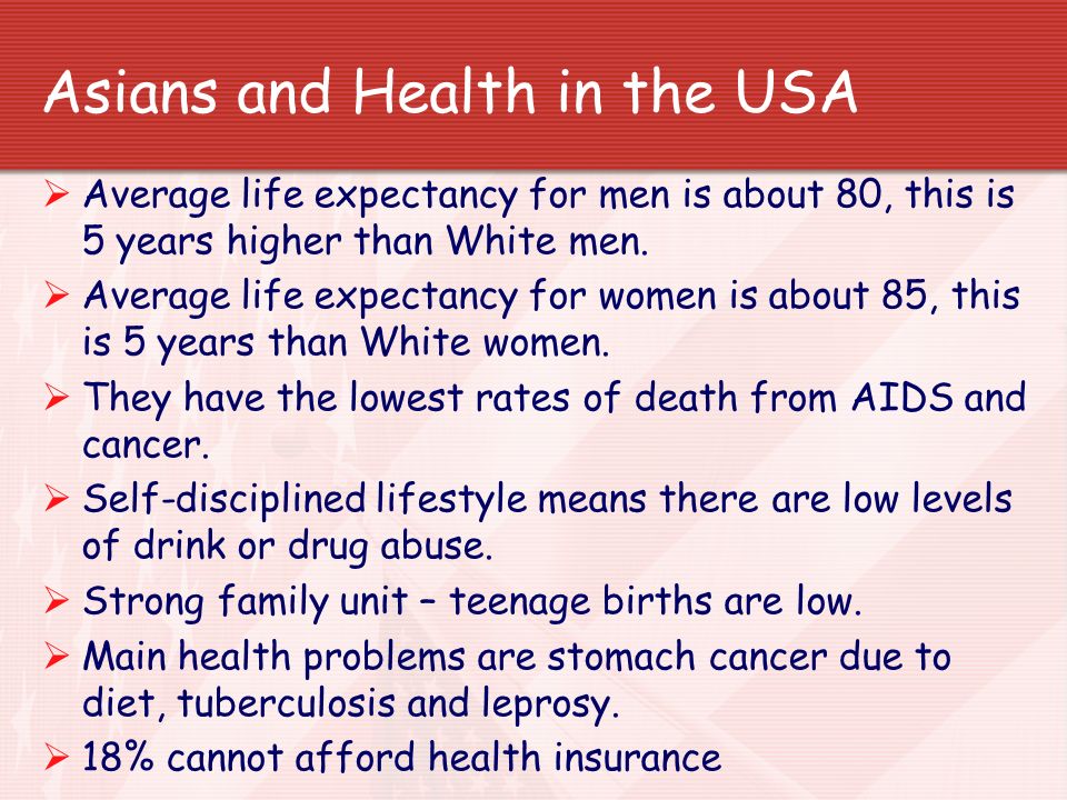 Whites and Health in the USA  Average life expectancy for men is 75.
