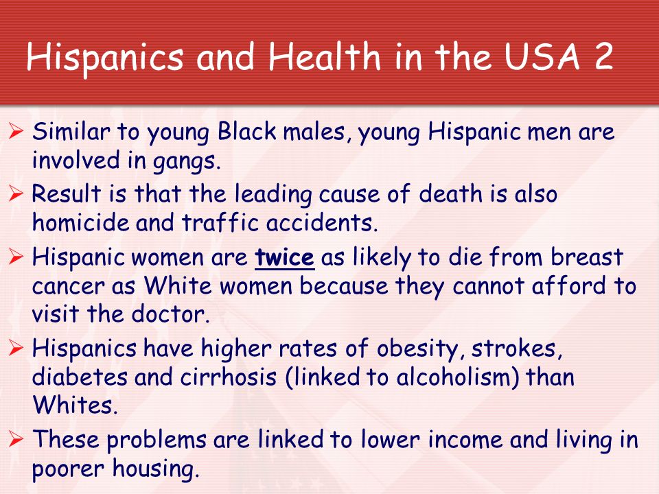 Hispanics and Health in the USA 1  Average life expectancy for men is 77, 2 years higher than for White men.