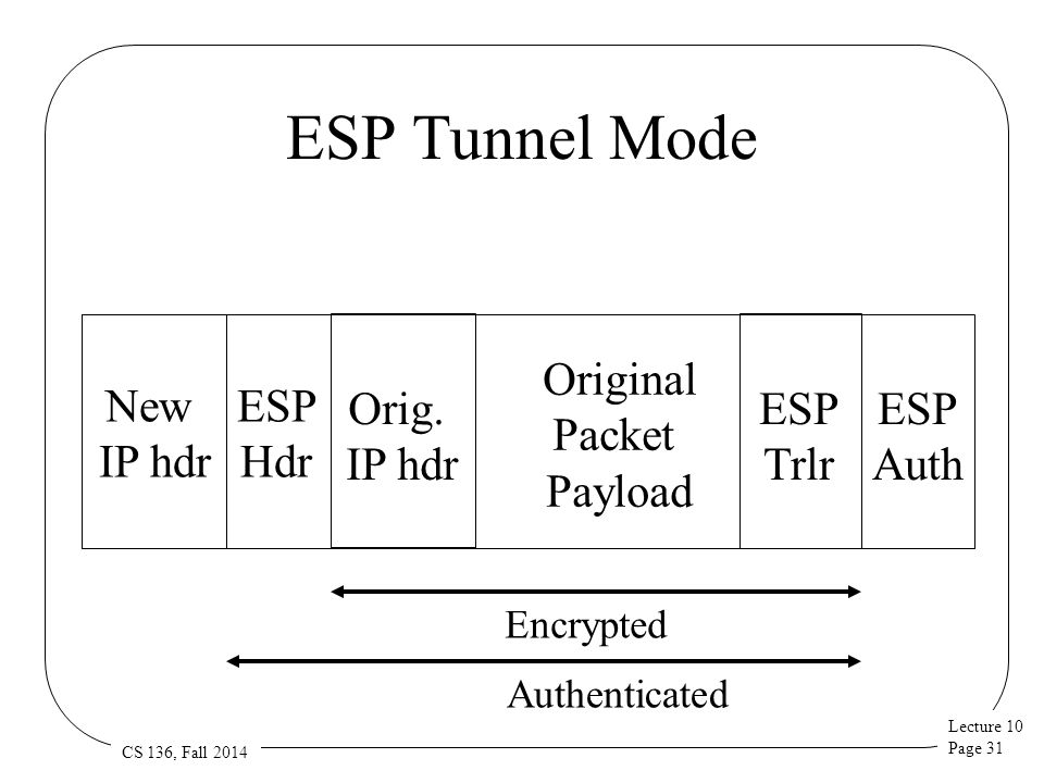 Lecture 10 Page 31 CS 136, Fall 2014 ESP Tunnel Mode New IP hdr ESP Hdr Original Packet Payload ESP Trlr ESP Auth Orig.