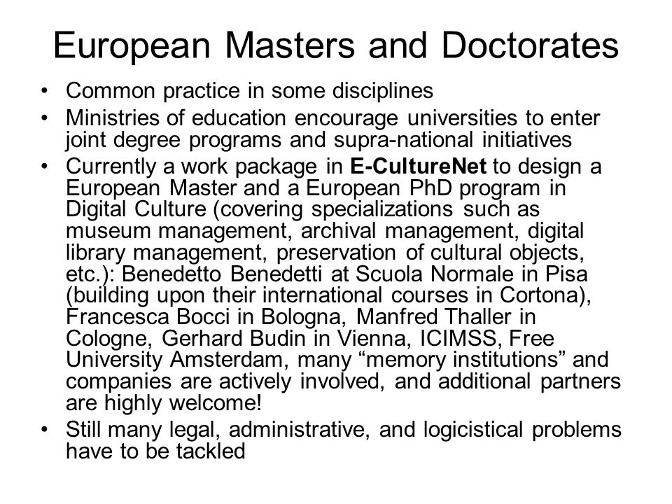 European Masters and Doctorates Common practice in some disciplines Ministries of education encourage universities to enter joint degree programs and supra-national initiatives Currently a work package in E-CultureNet to design a European Master and a European PhD program in Digital Culture (covering specializations such as museum management, archival management, digital library management, preservation of cultural objects, etc.): Benedetto Benedetti at Scuola Normale in Pisa (building upon their international courses in Cortona), Francesca Bocci in Bologna, Manfred Thaller in Cologne, Gerhard Budin in Vienna, ICIMSS, Free University Amsterdam, many memory institutions and companies are actively involved, and additional partners are highly welcome.