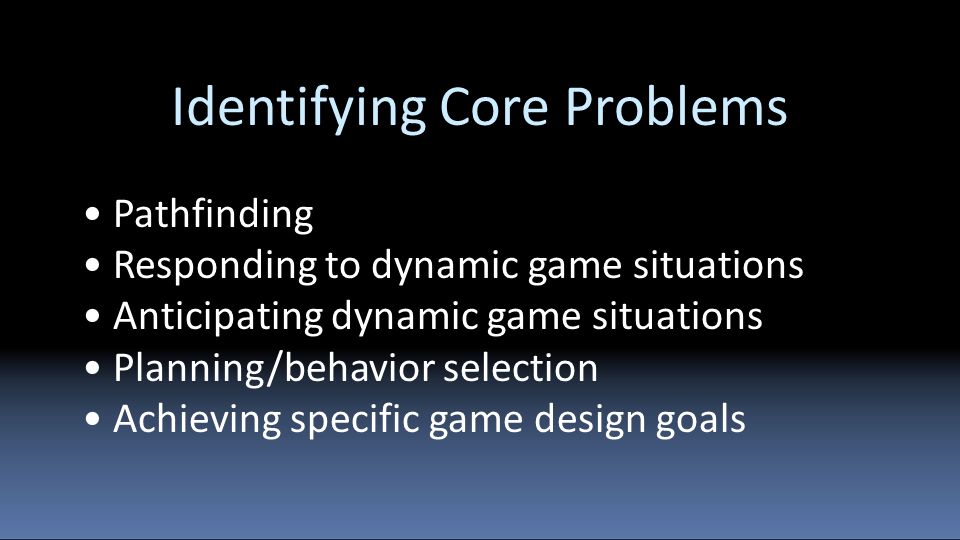 Identifying Core Problems Pathfinding Responding to dynamic game situations Anticipating dynamic game situations Planning/behavior selection Achieving specific game design goals